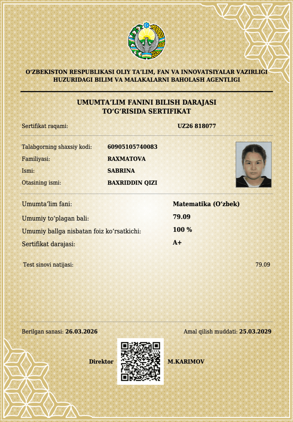 Matematika bo‘yicha sertifikat 1
